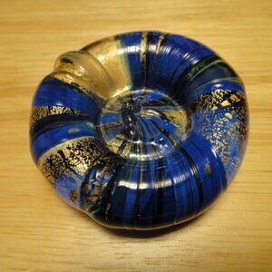 Isle of Wight Blue and Gold Leaf Glass Paperweight or Taper Holder or Ring Saver